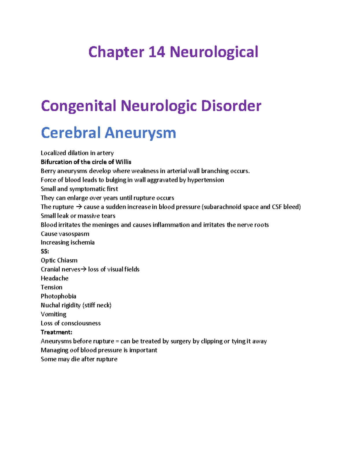 Chapter 14 Notes - Chapter 14 Neurological Congenital Neurologic ...