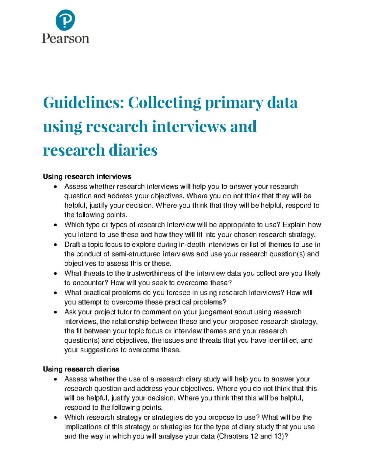 Guidelines for Using Research Interviews & Diaries (Saunders Ch10 ...