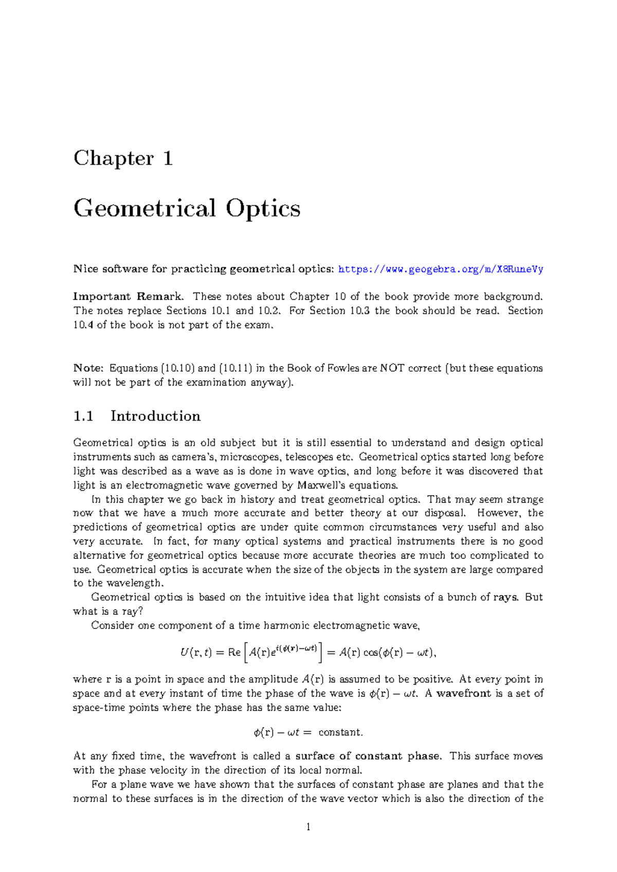 Geometrical Optics Notes: Replacement of Sections 10.1 & 10.2 - Studeersnel