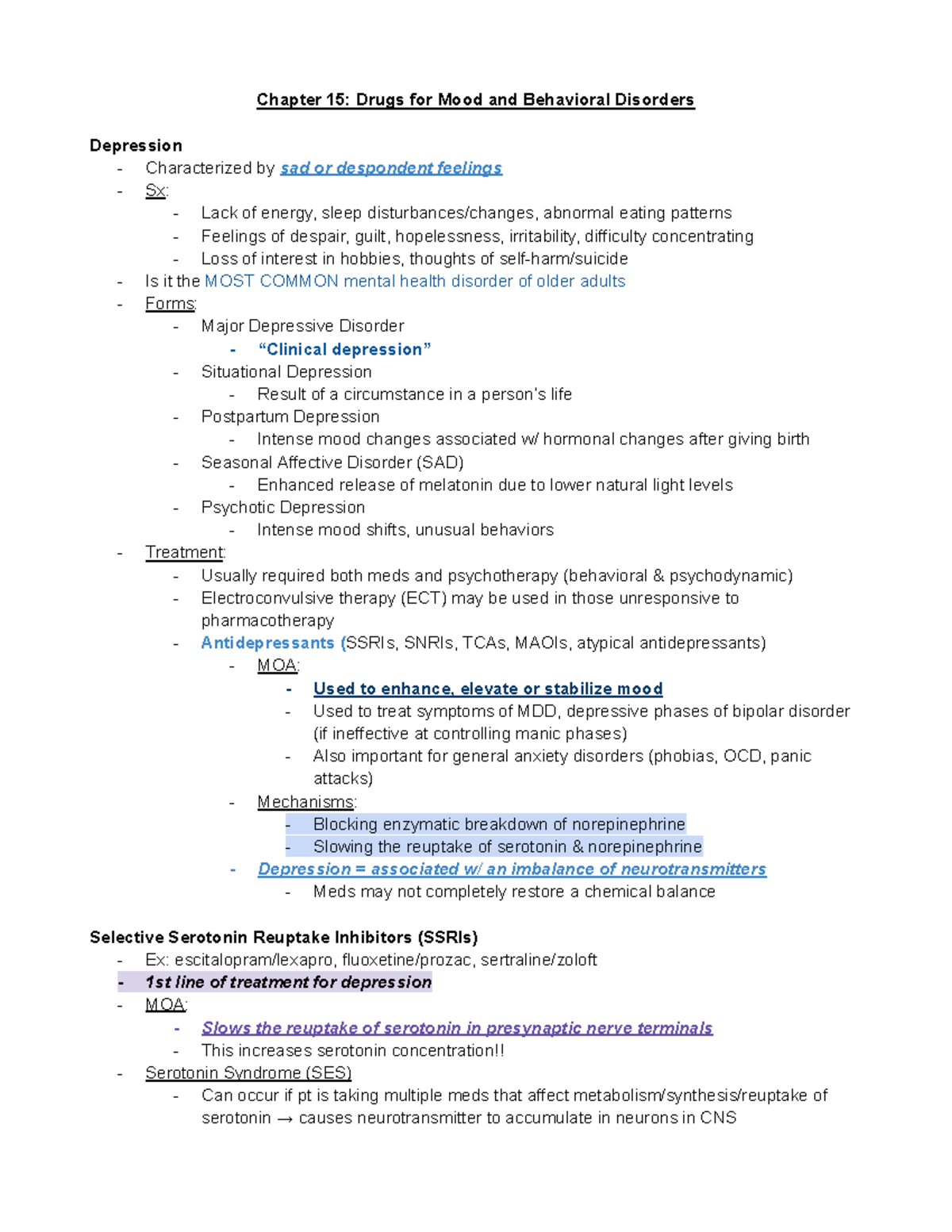 Week 7 Study Notes: Pharmacology of Mood Disorders and Treatments ...