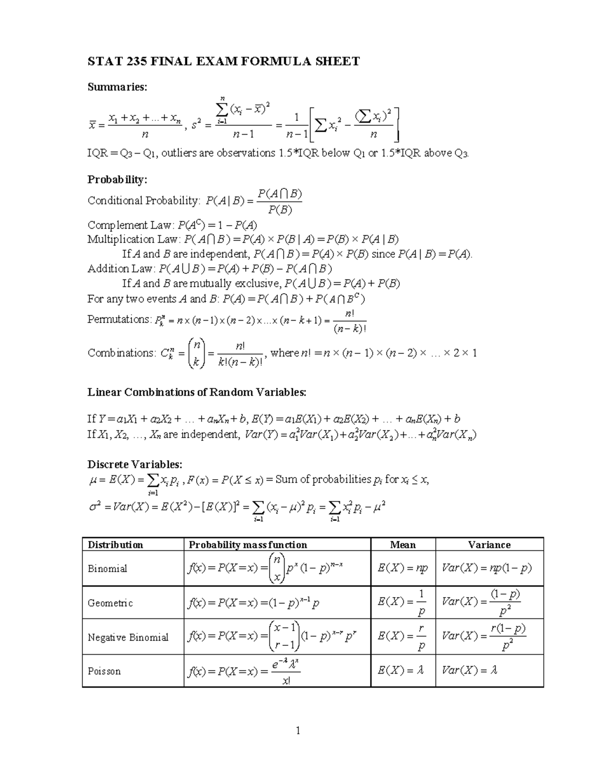 STAT 235 FINAL EXAM FORMULA SHEET - Key Concepts & Formulas - Studocu