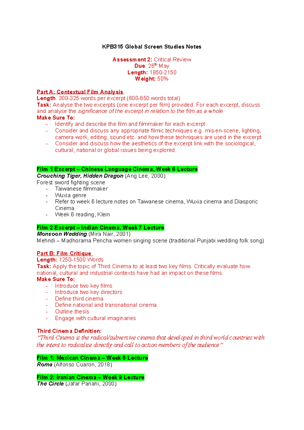 KPB315 Global Screen Studies: Critical Review & Film Analysis Notes ...