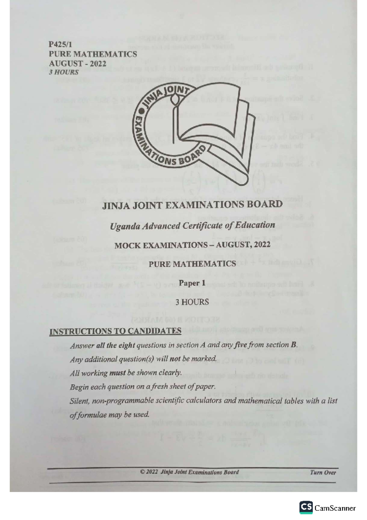 JJEB PURE MATH MOCK EXAMINATION AUGUST 2022 - 3 HOURS - Studocu