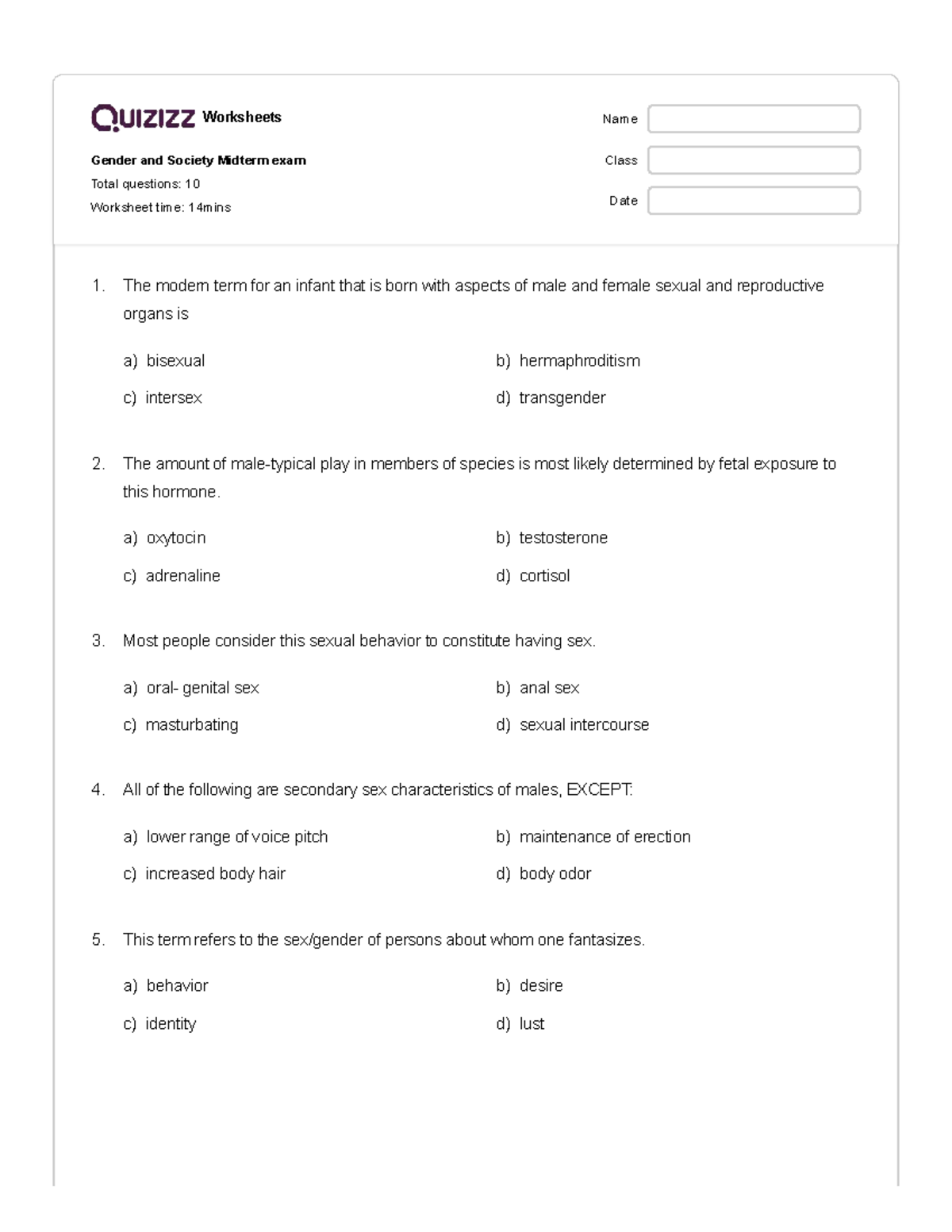 Gender and Society (GEND 3) Midterm Exam Worksheet - Studocu