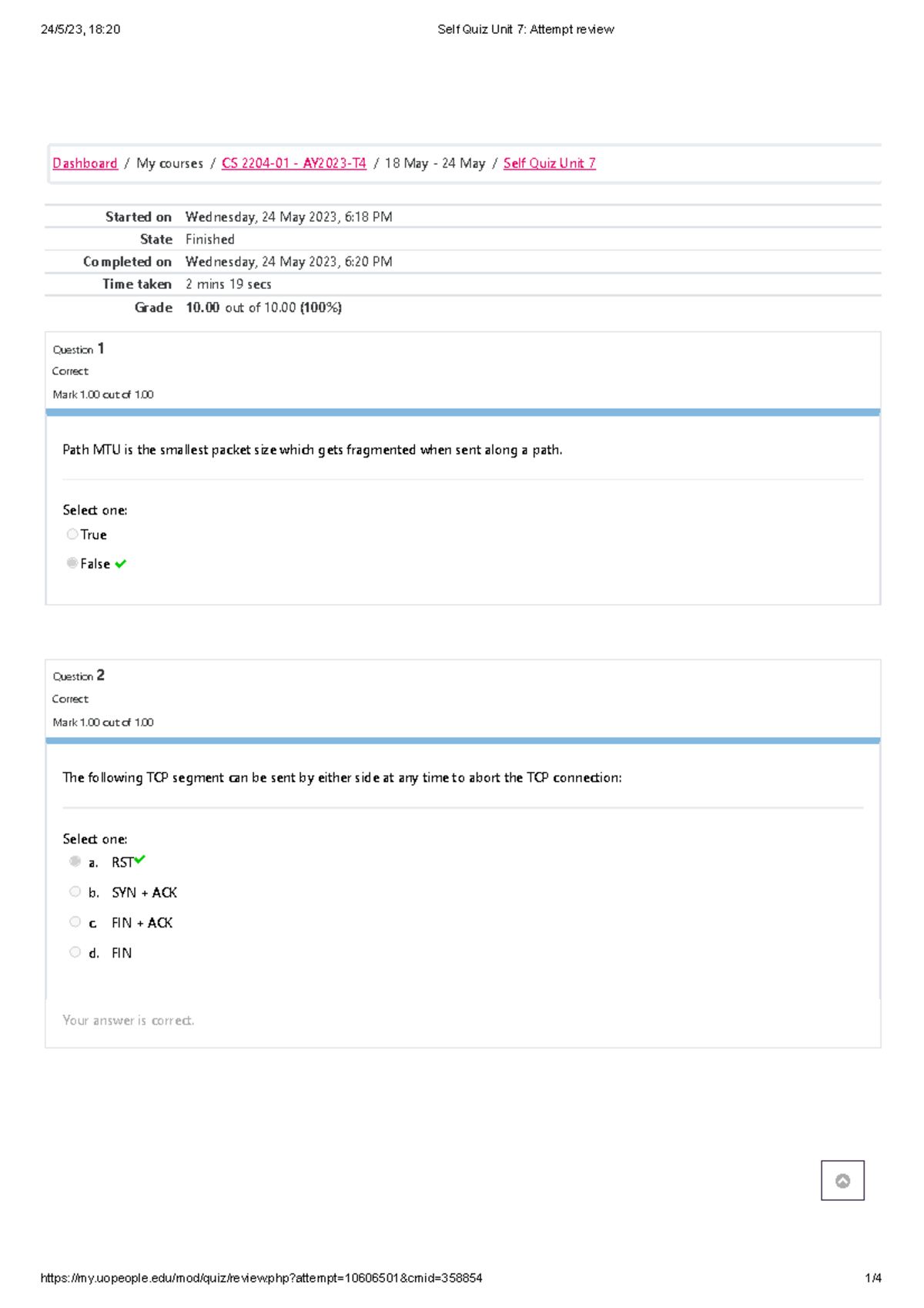 Self Quiz Unit 6 Review - CS2204-01: Graded Attempt Summary - Studocu