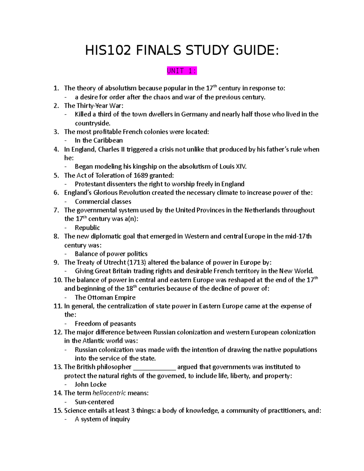 HIS102 Final Study Guide: Key Topics and Concepts for 2023 Exam - Studocu