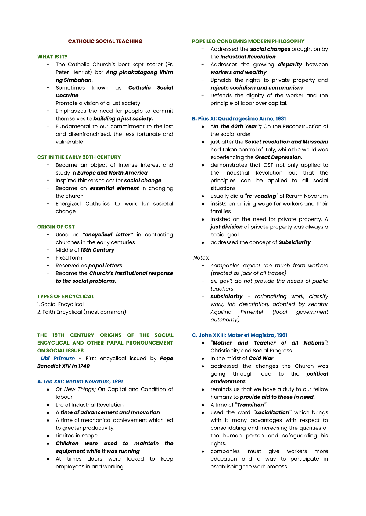 CST 101: Comprehensive Notes on Catholic Social Teaching - Studocu