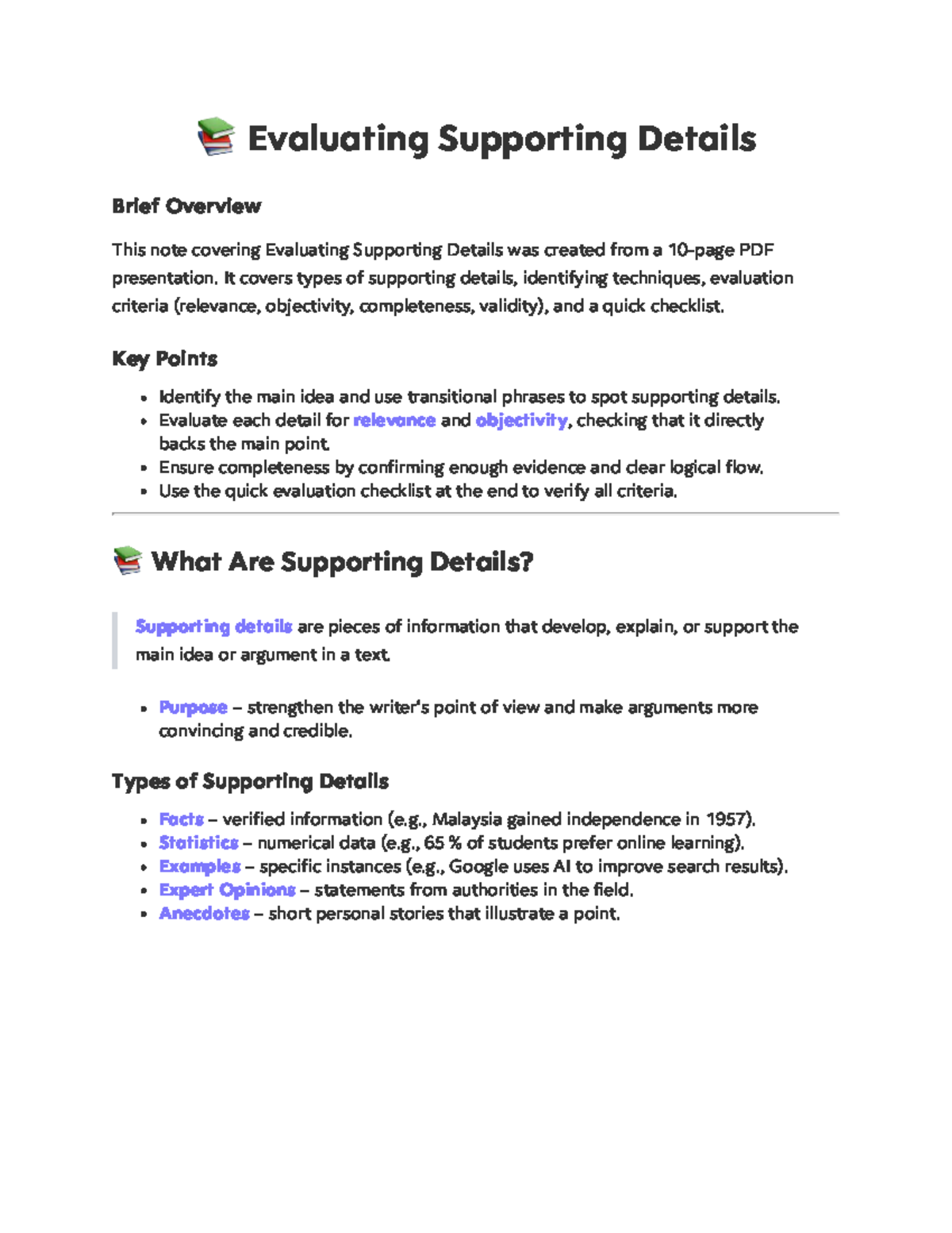 LCC401 Notes: Evaluating Supporting Details Overview and Checklist ...