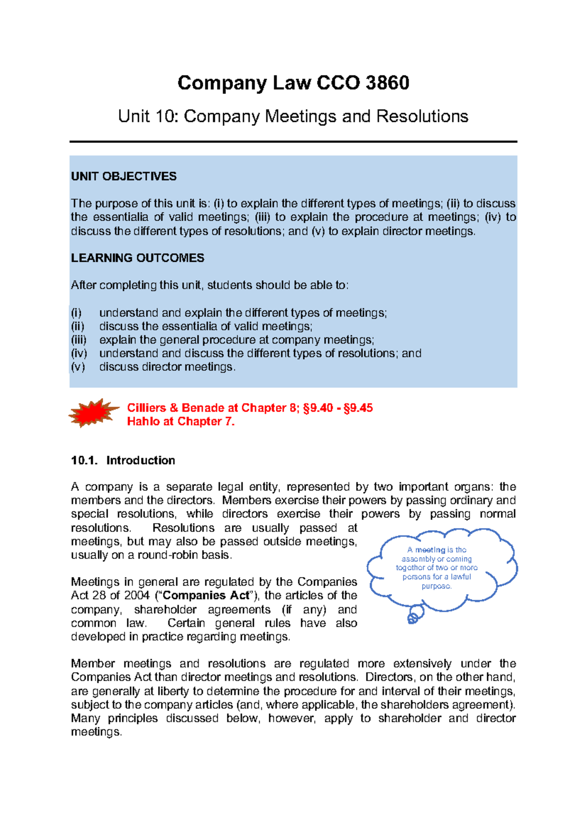 Unit 10: Company Meetings and Resolutions - CCO 3860 Overview - Studocu
