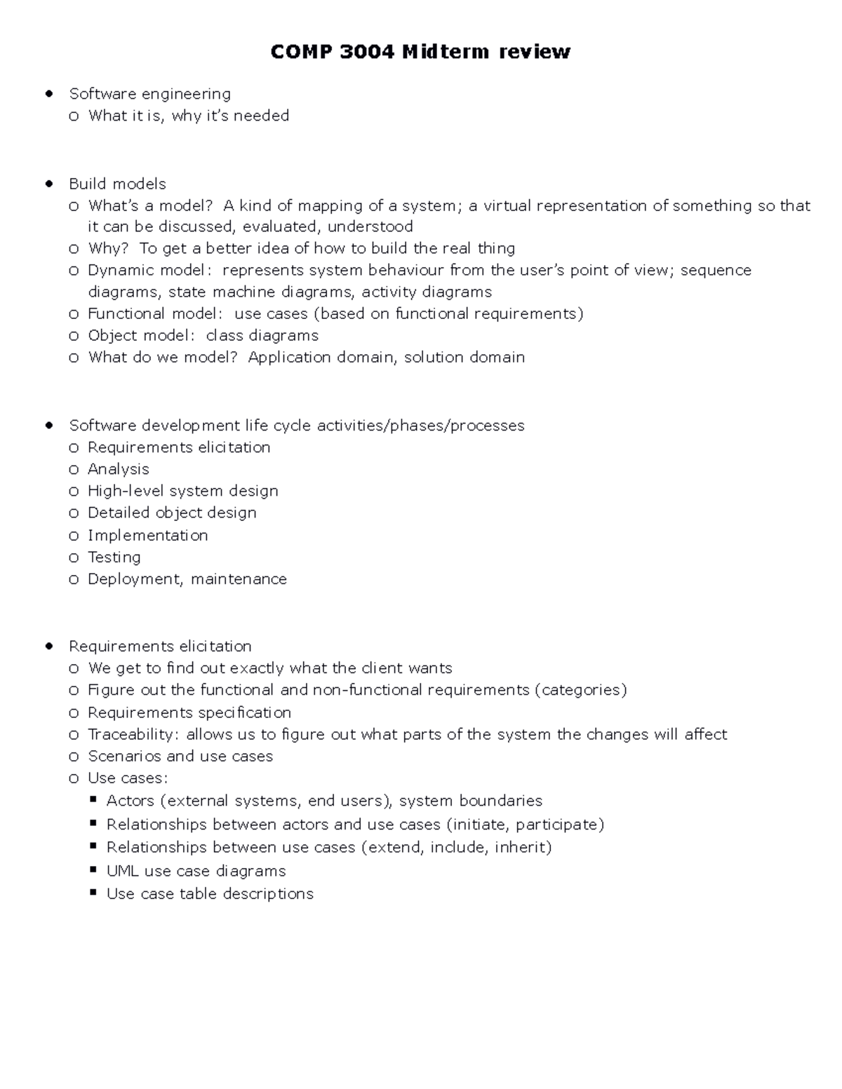 COMP 3004 Midterm Review: Software Engineering Concepts and Models ...