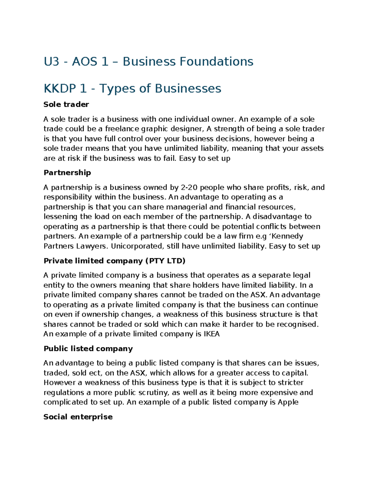 Unit 3 AOS 1 Business Foundations: Types of Businesses & Objectives ...