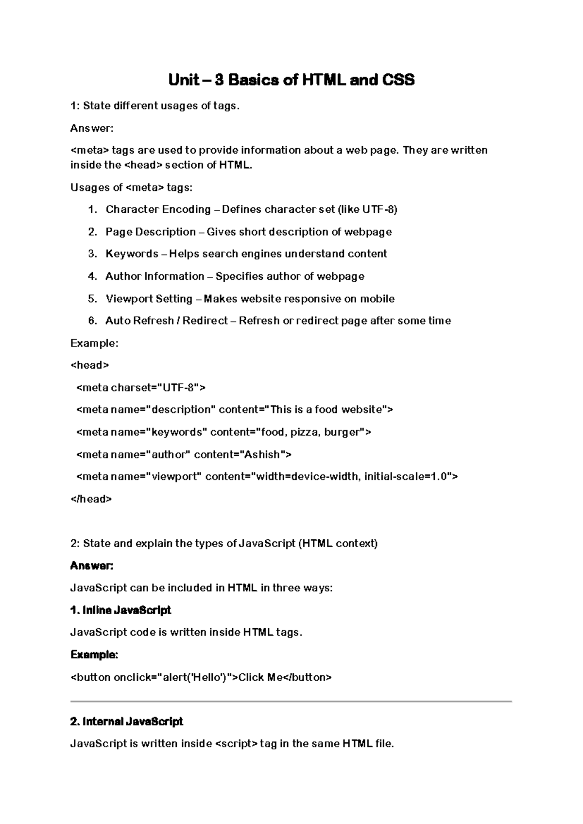 Unit 3 & 4: Basics of HTML, CSS, and JavaScript Usages and Principles ...