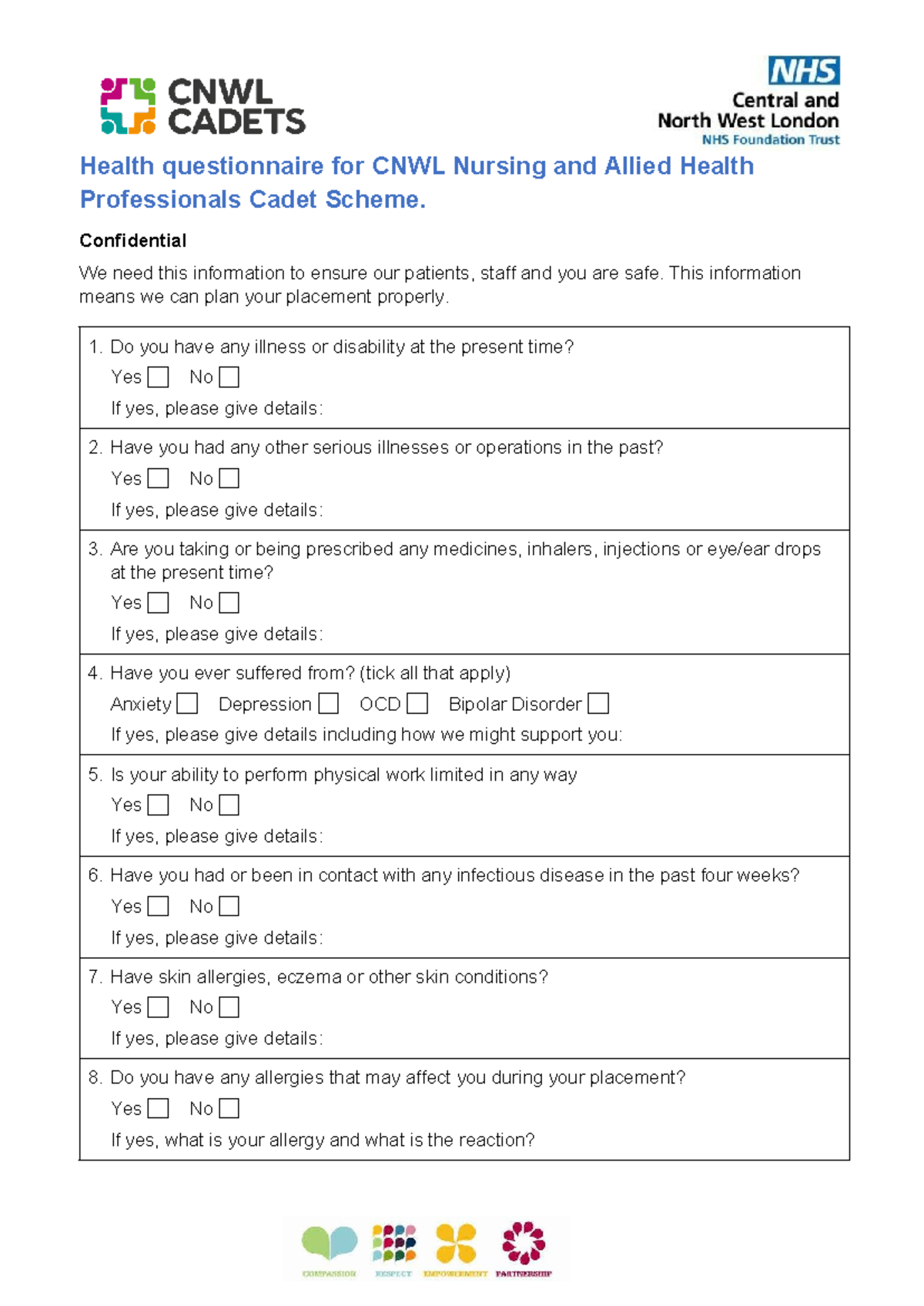 Health Questionnaire for CNWL Nursing Cadet Scheme - Studocu
