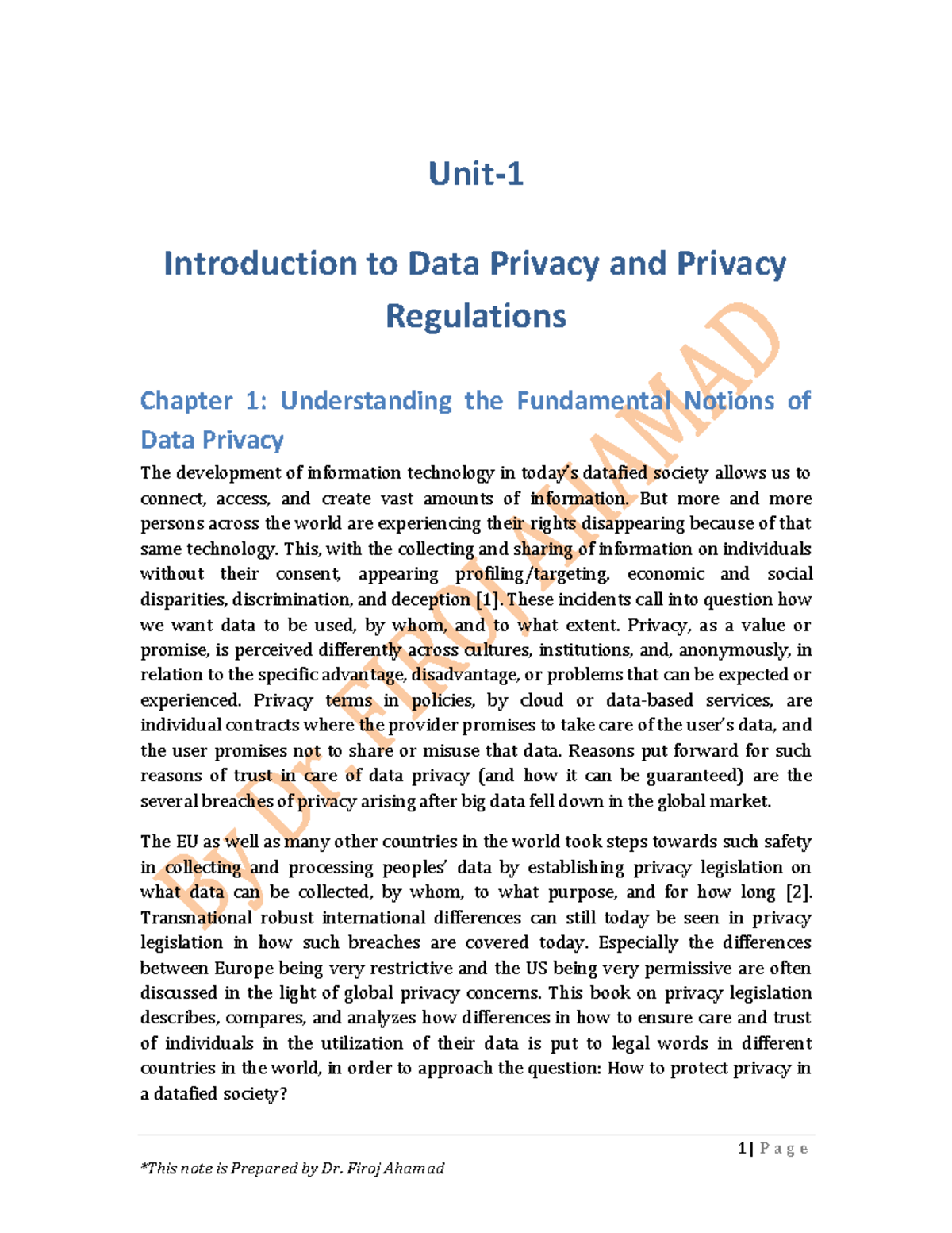 Unit 1: Intro to Data Privacy & Legal Regulations Overview - Studocu