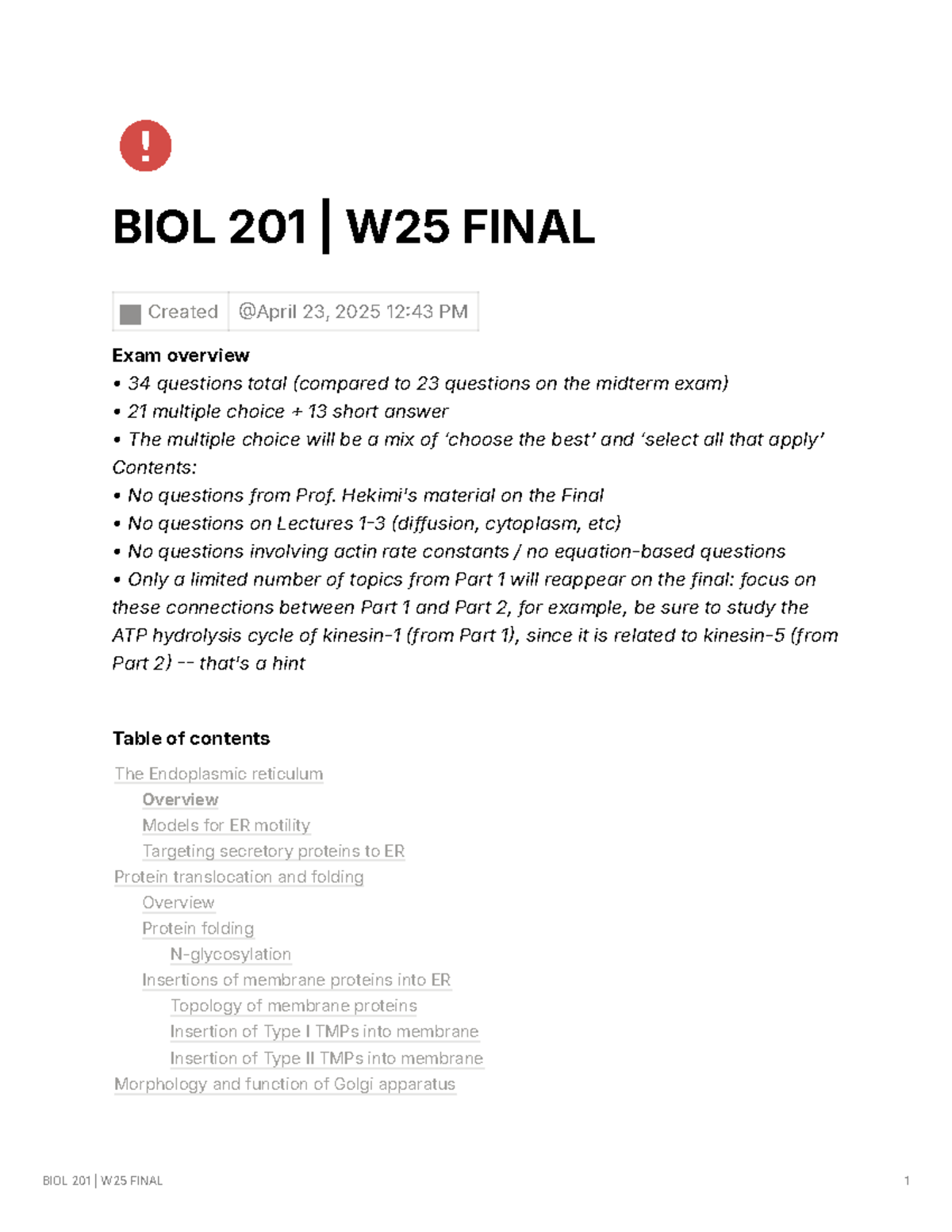 BIOL 201 W25 Final Exam Study Notes: Key Topics and Overview - Studocu