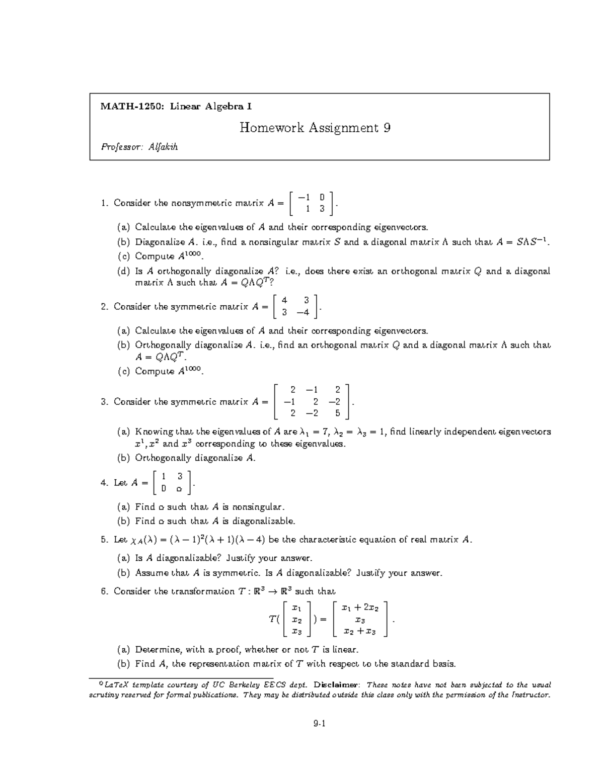 MATH-1250: Linear Algebra I - Homework Assignment 9 Solutions - Studocu