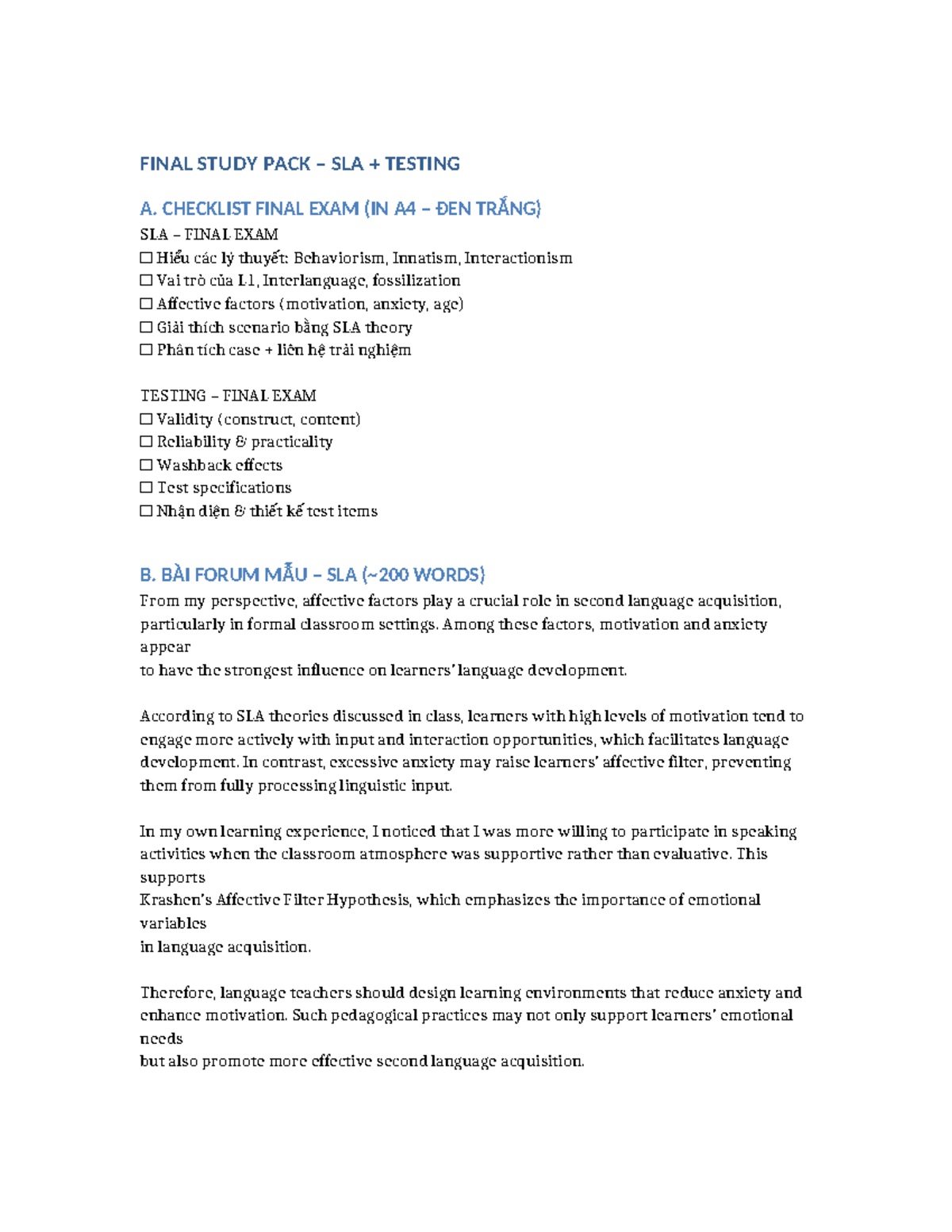 FINAL EXAM STUDY PACK: SLA TESTING & AFFECTIVE FACTORS - Studocu