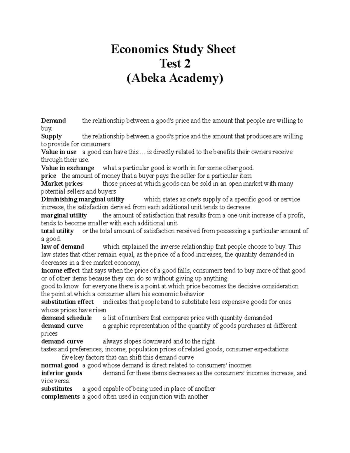 Economics Study Sheet for test 2 Economics Study Sheet Test 2 (Abeka