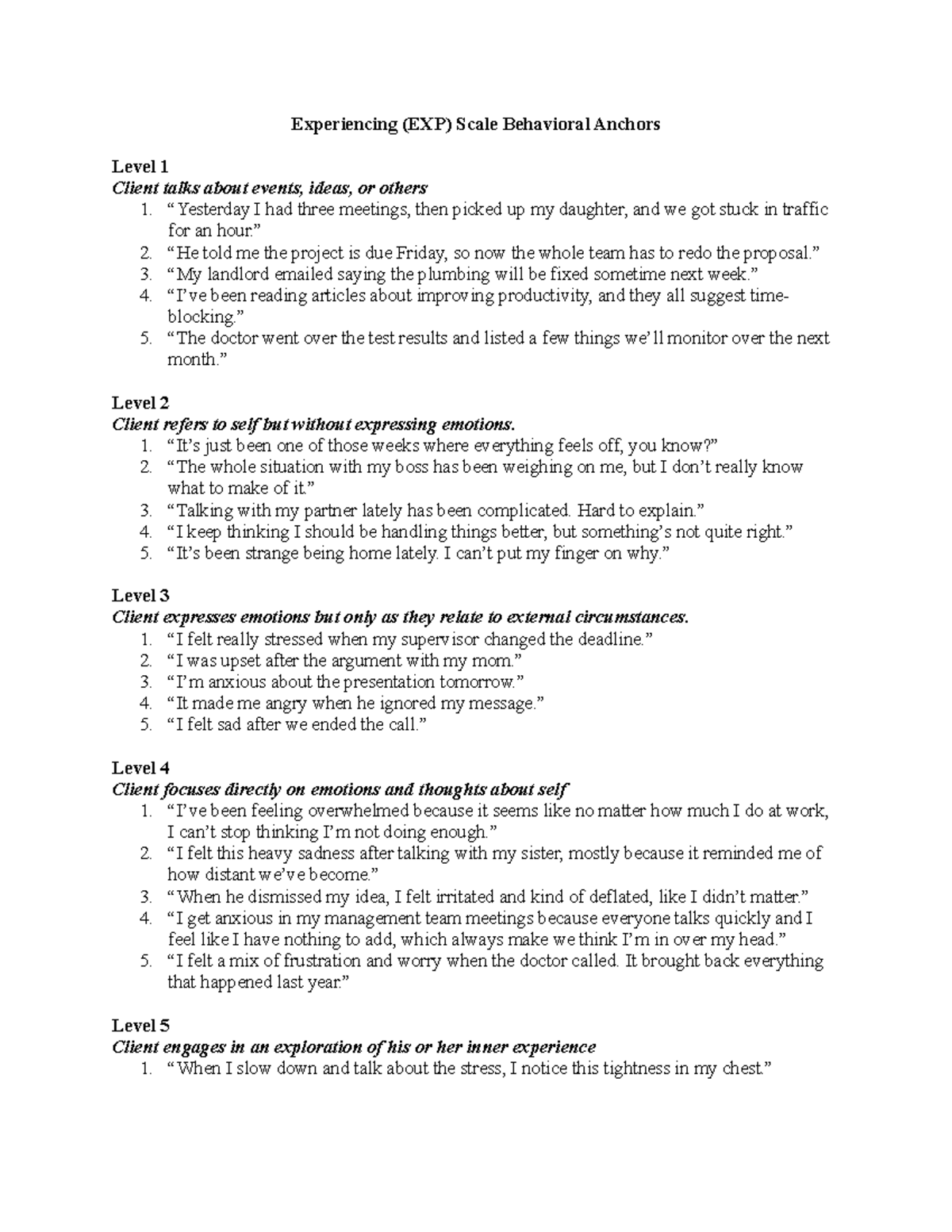 Experiencing (EXP) Scale: Behavioral Anchors Levels 1-5 Analysis - Studocu