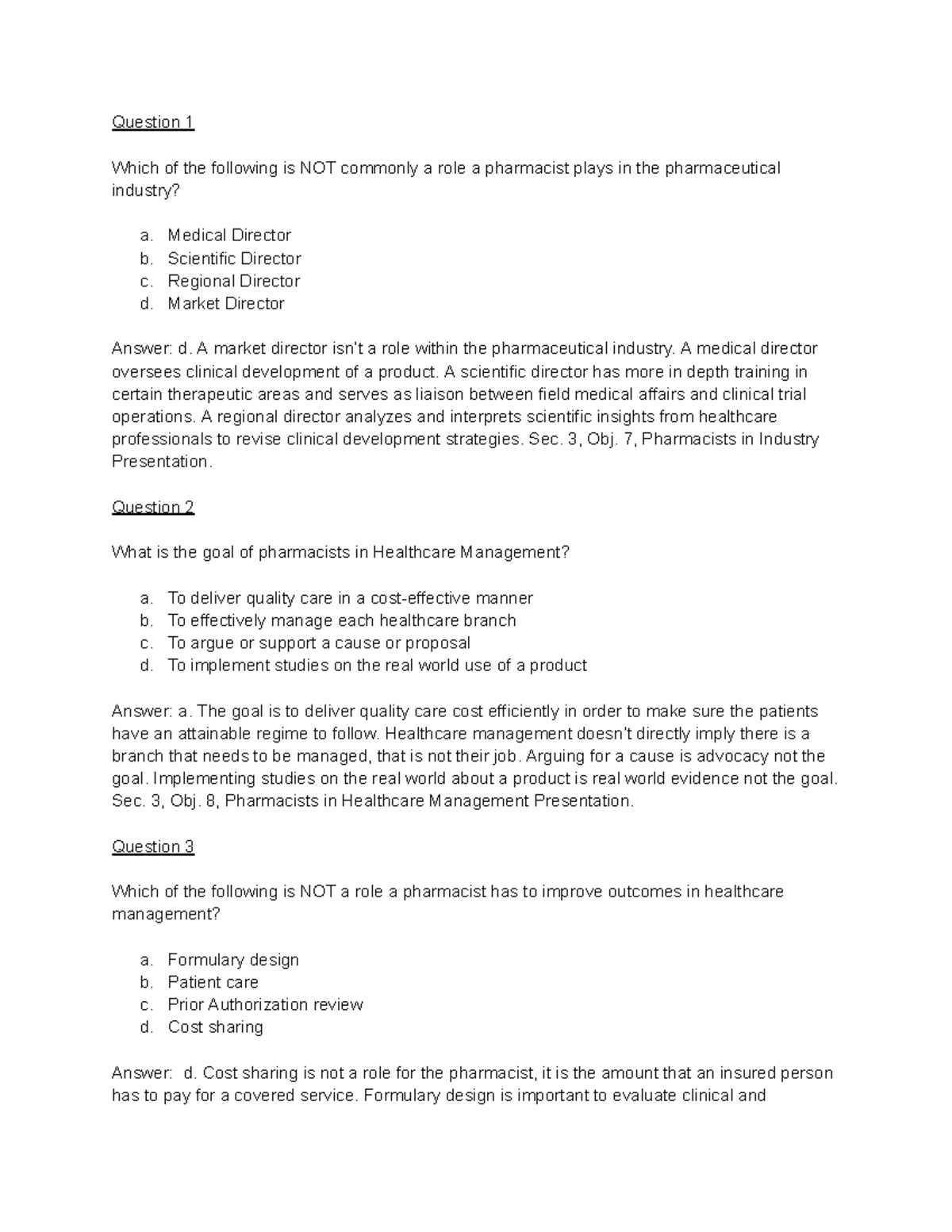 Pharmacy 101: Section 3 Quiz Questions on Roles in Healthcare ...