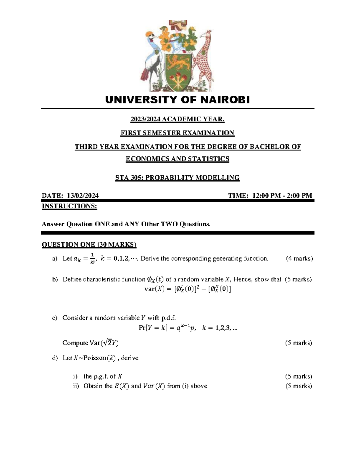 STA 305 - 2023/2024 Final Exam Practice Paper on Probability Modelling ...