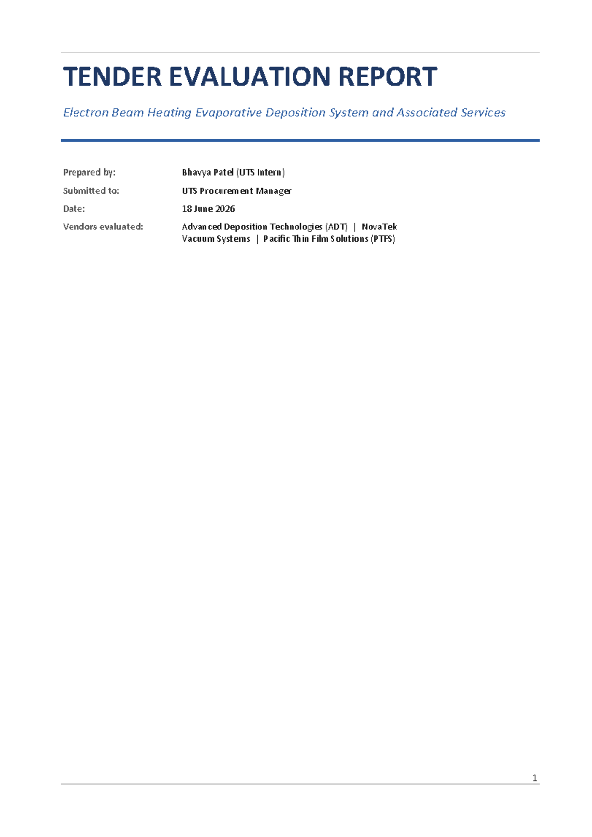 Tender Evaluation Report for EBeam RFT 04 24959064 - Studocu