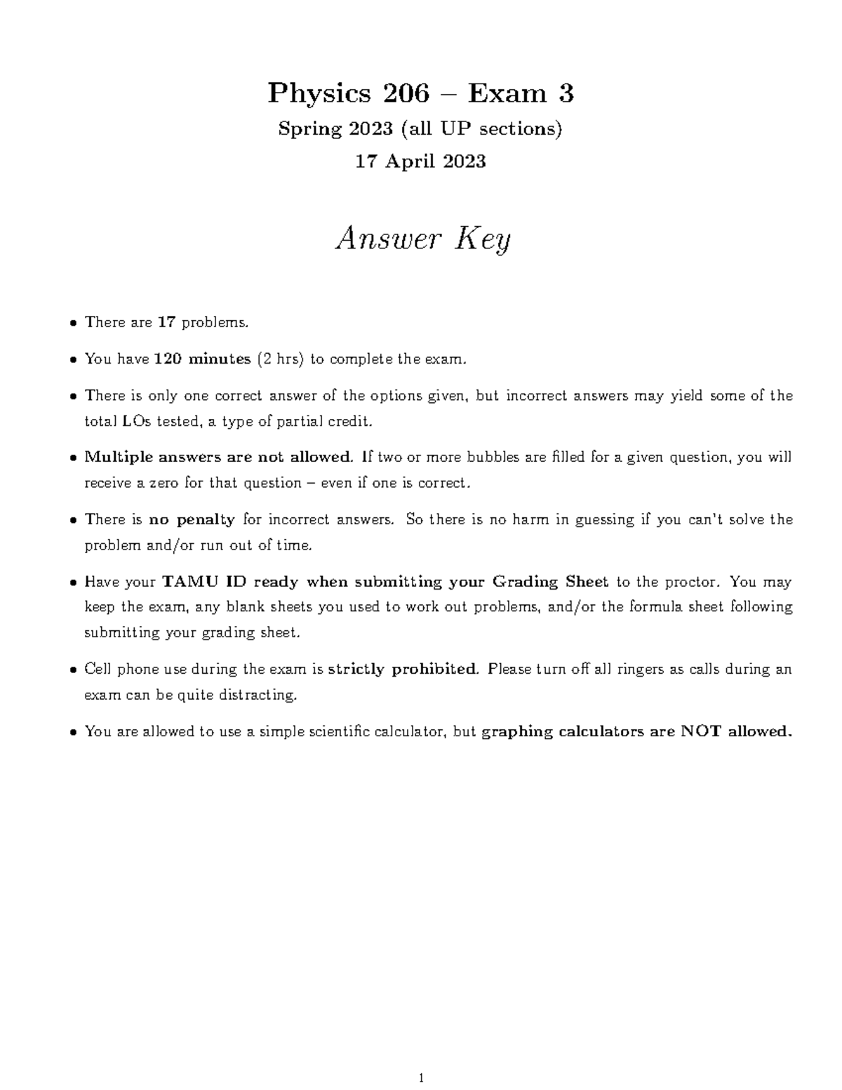 Physics 206 Exam 3 Spring 2023 Answer Key (All UP Sections) - Studocu
