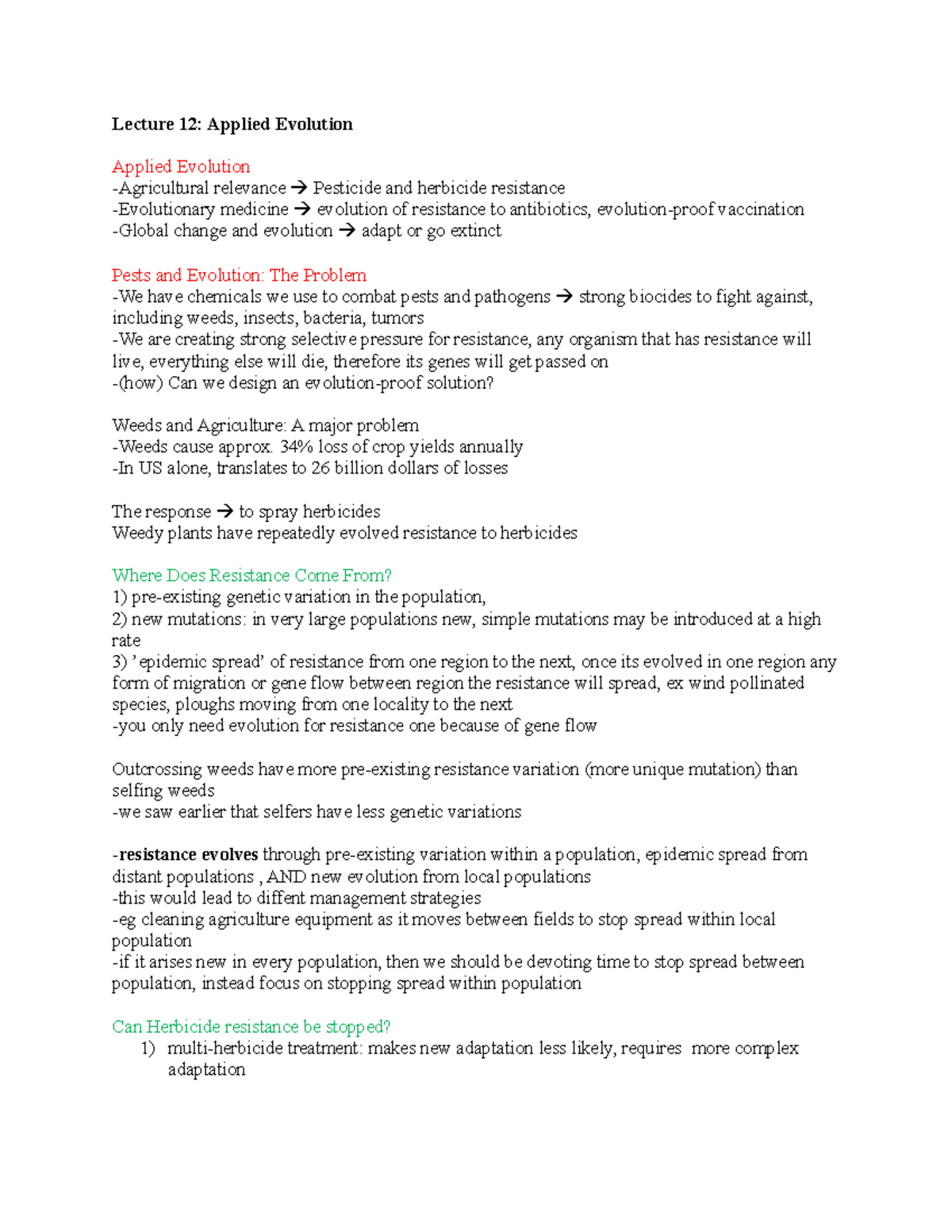 Lecture 12 Notes - Lecture 12: Applied Evolution Applied Evolution ...
