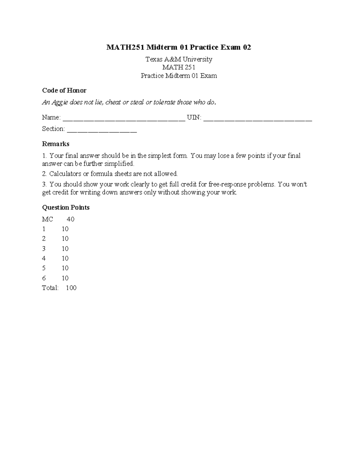 MATH251 Midterm 01 Practice Exam 02 - Texas University - Studocu