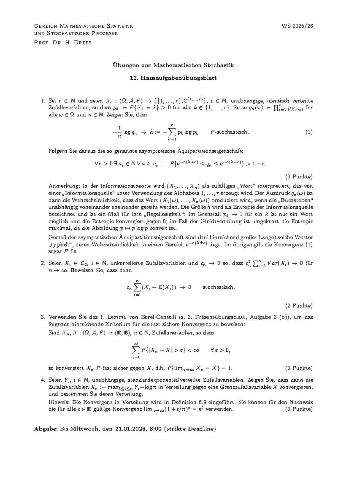 Hausaufgabenblatt 12: Mathematische Stochastik und Statistik WS - Studocu