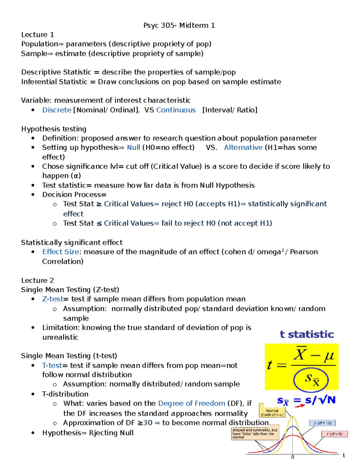 Psyc 305 - Midterm 1 Lecture Notes: Descriptive & Inferential Stats ...