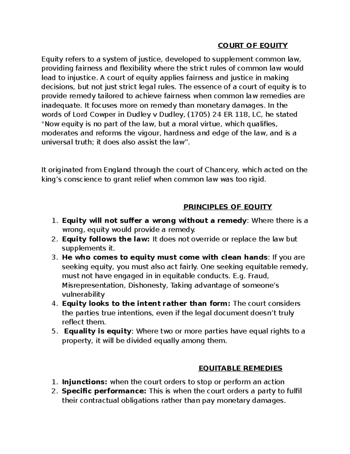 COURT OF EQUITY - Lecture Notes on Principles and Remedies - Studocu