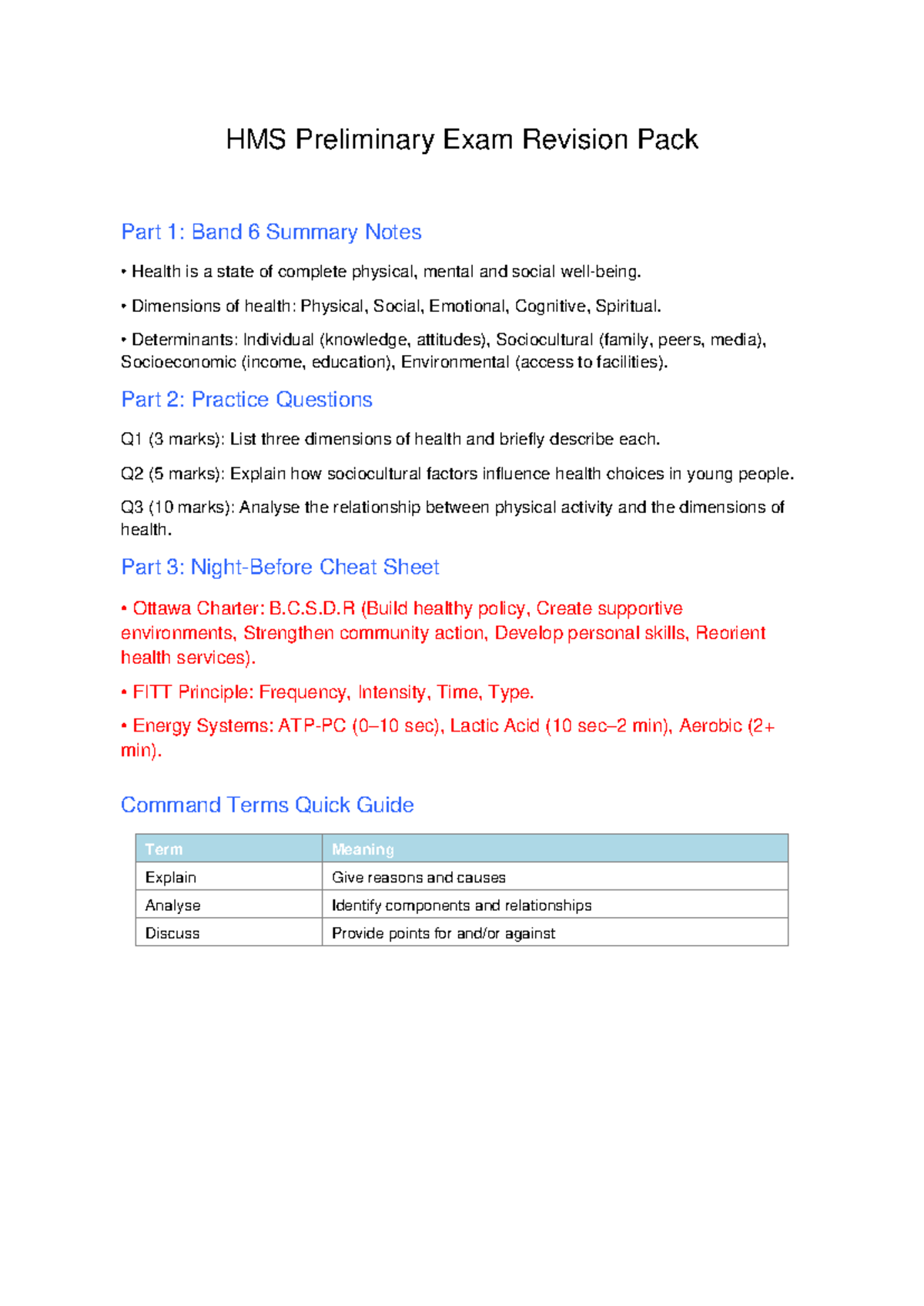HMS Preliminary Exam Revision Pack: Health Dimensions & Practice Qs ...