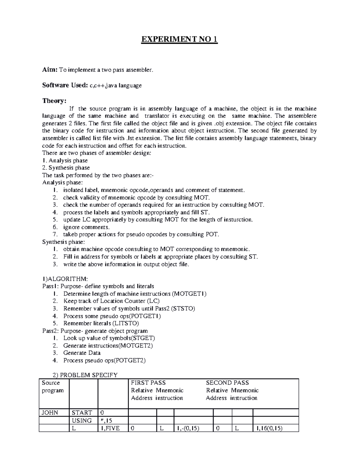 SPCC LAB Manual - TE-SEM VI: Two Pass Assembler Implementation - Studocu