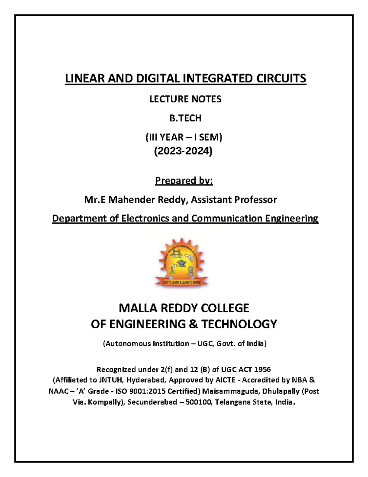 Linear AND Digital Integrated Circuits - LINEAR AND DIGITAL INTEGRATED ...