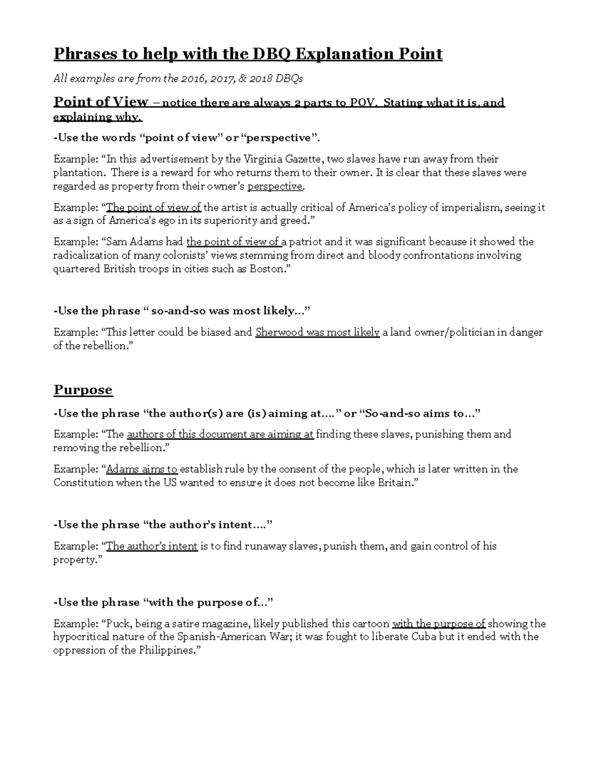 Phrases for DBQ Explanation Point: 2016-2018 Examples - Studocu