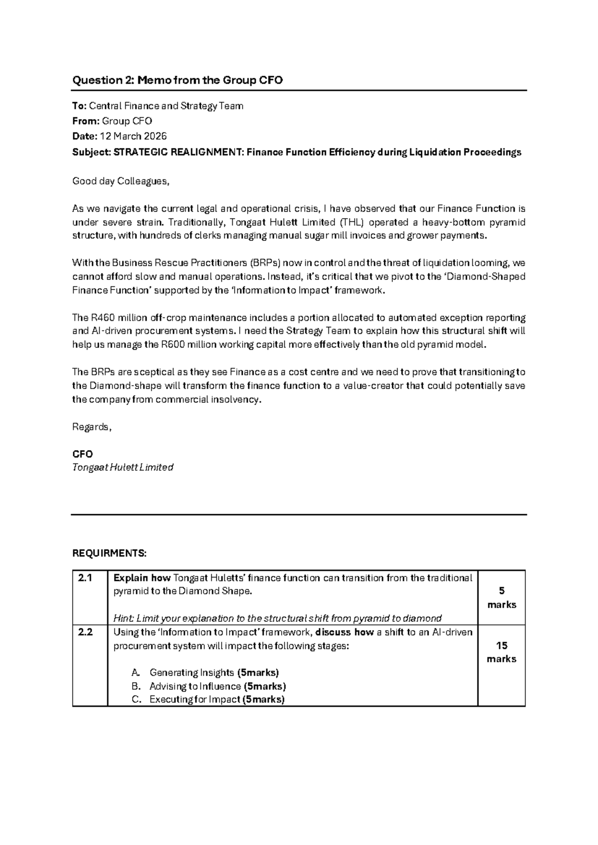 E1 - Strategic Realignment Memo: Finance Function Transition - Studocu