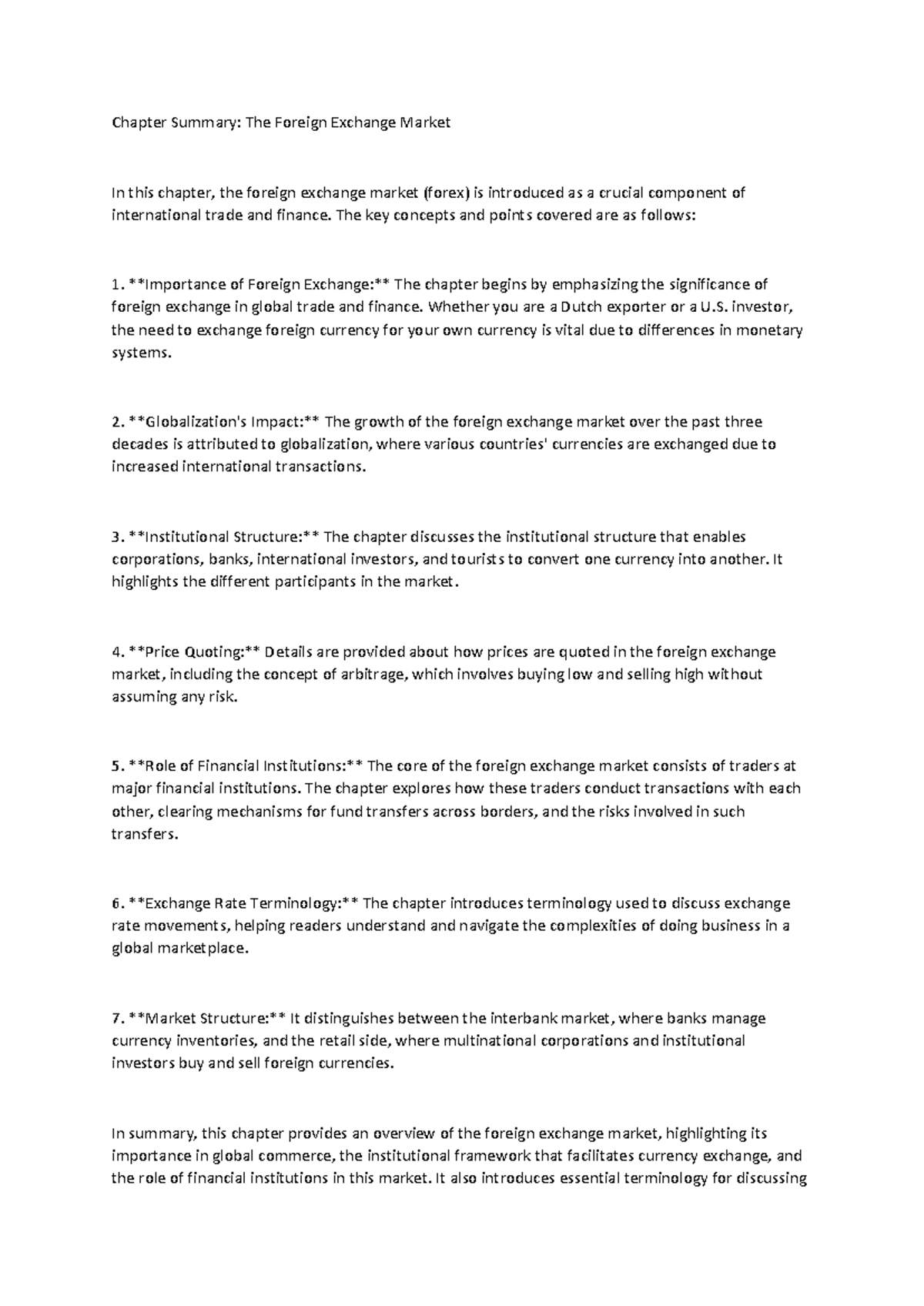 Chapter Summary - International Finance (FIN301) - Foreign Exchange ...
