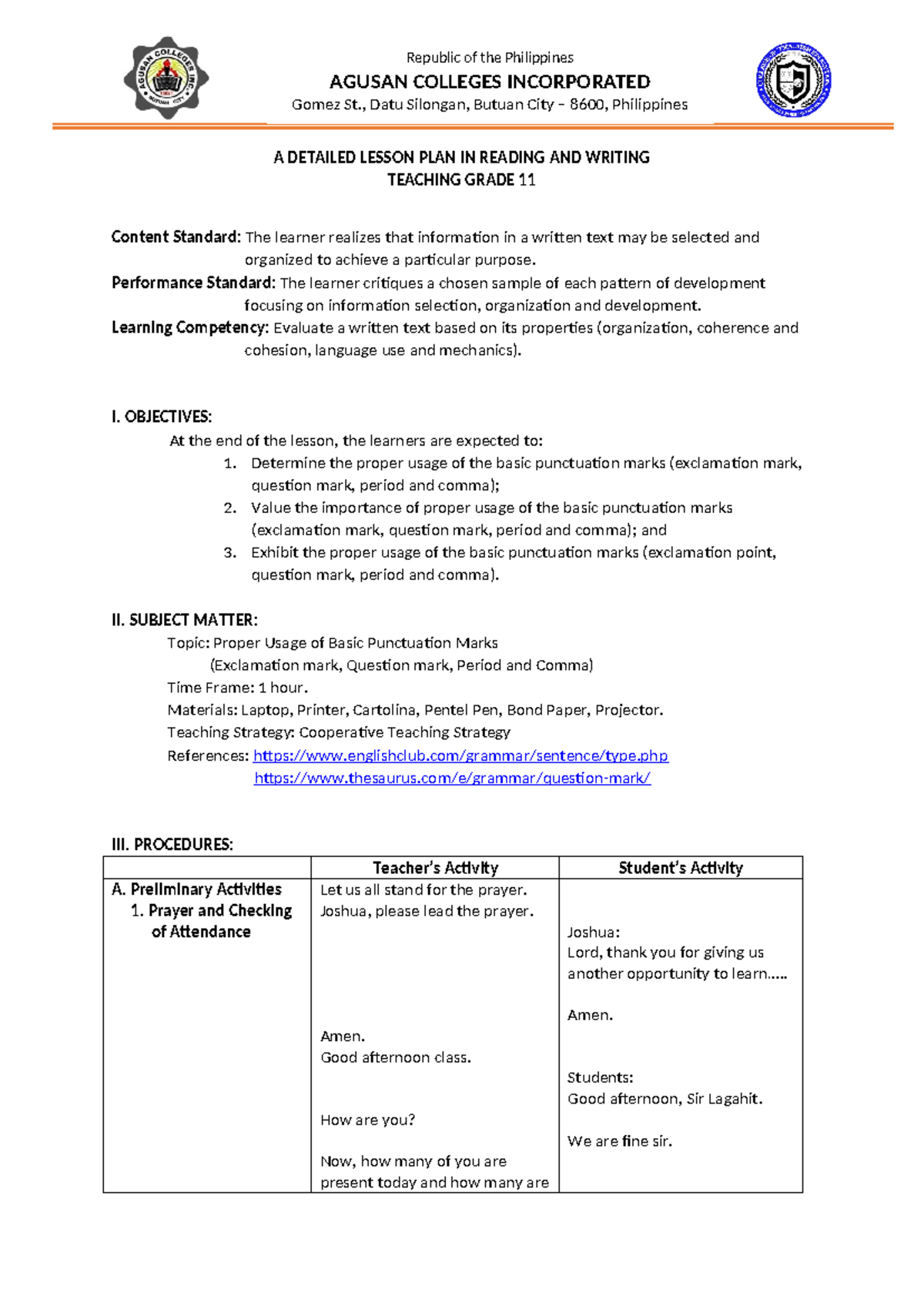 Revised LP for Demo: Teaching Basic Punctuation Marks (Grade 11) - Studocu