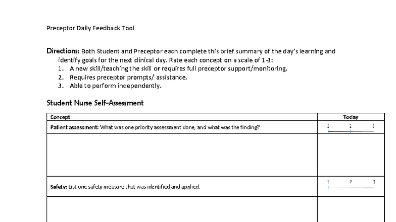 NUR 301: Daily Preceptor Feedback Tool Directions and Goals - Studocu