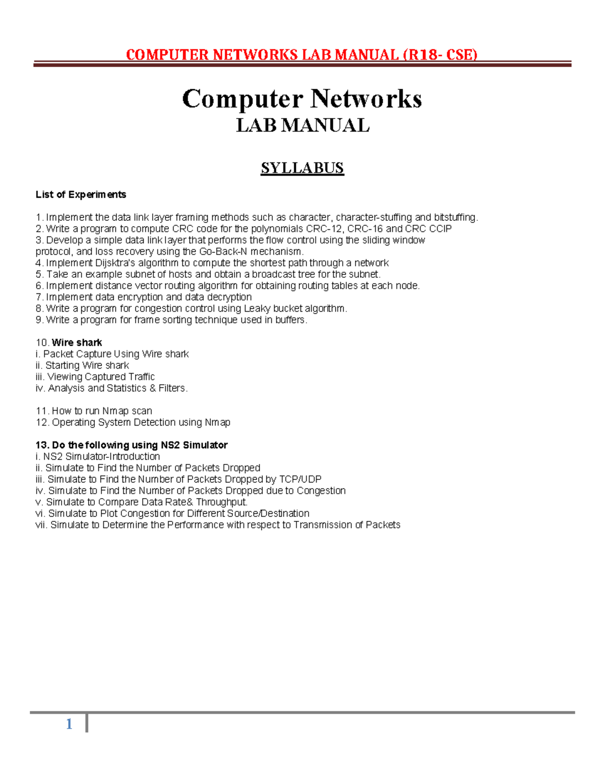 CN-LAB: Computer Networks Lab Manual and Experiment Guide - Studocu
