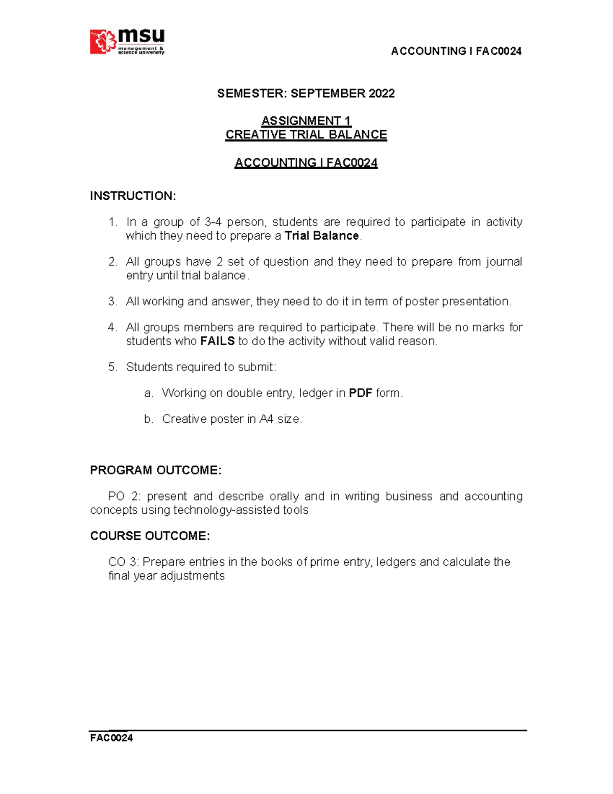 Creative Trial Balance Assignment 1 - Accounting I FAC - Studocu