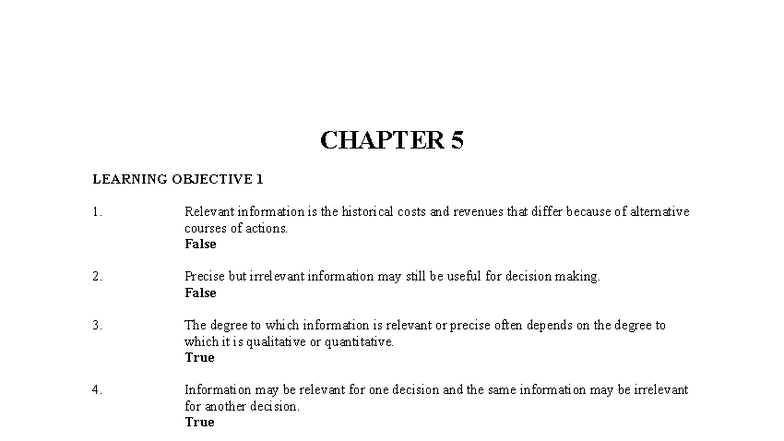 Managerial Accounting final exam test bank - CHAPTER 5 LEARNING ...