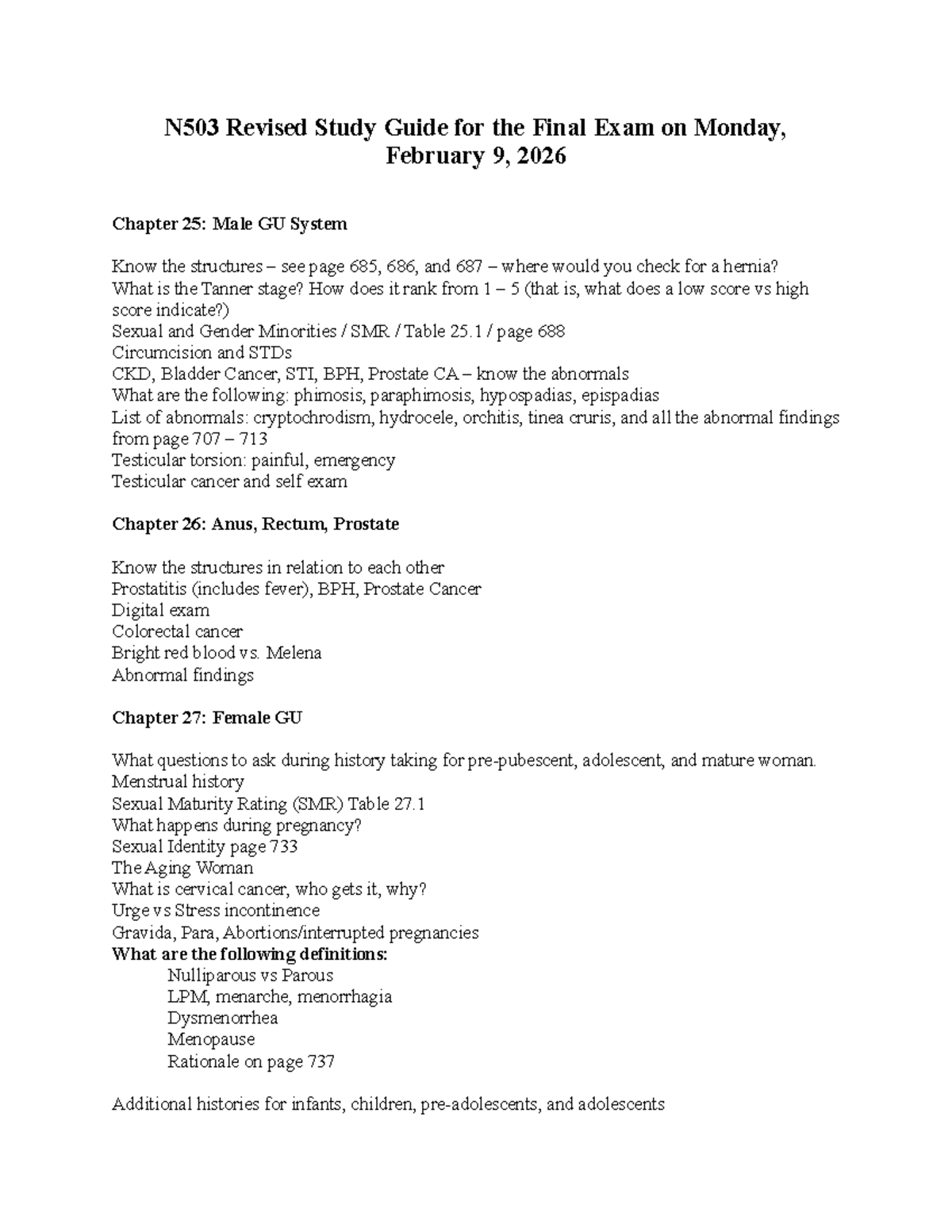 N503 Final Exam Study Guide: Male & Female GU Systems Overview - Studocu