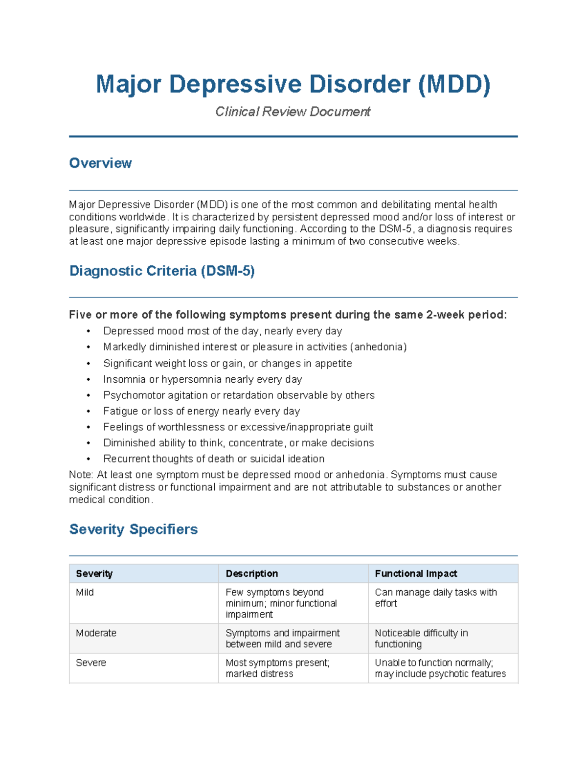 MDD Clinical Review: Understanding Major Depressive Disorder - Studocu