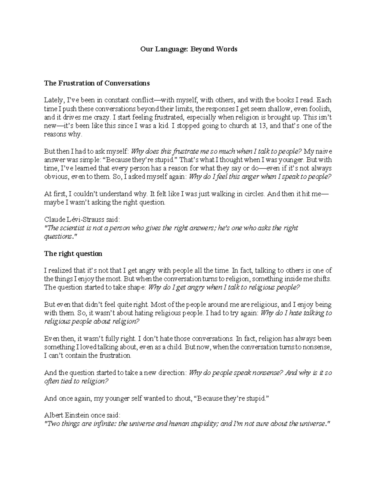 Exploring Conversations: The Frustration of Language and Faith - Studocu