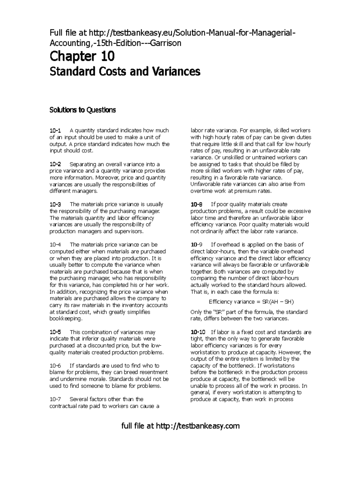 Chapter 10 Solutions: Standard Costs & Variances in Managerial ...