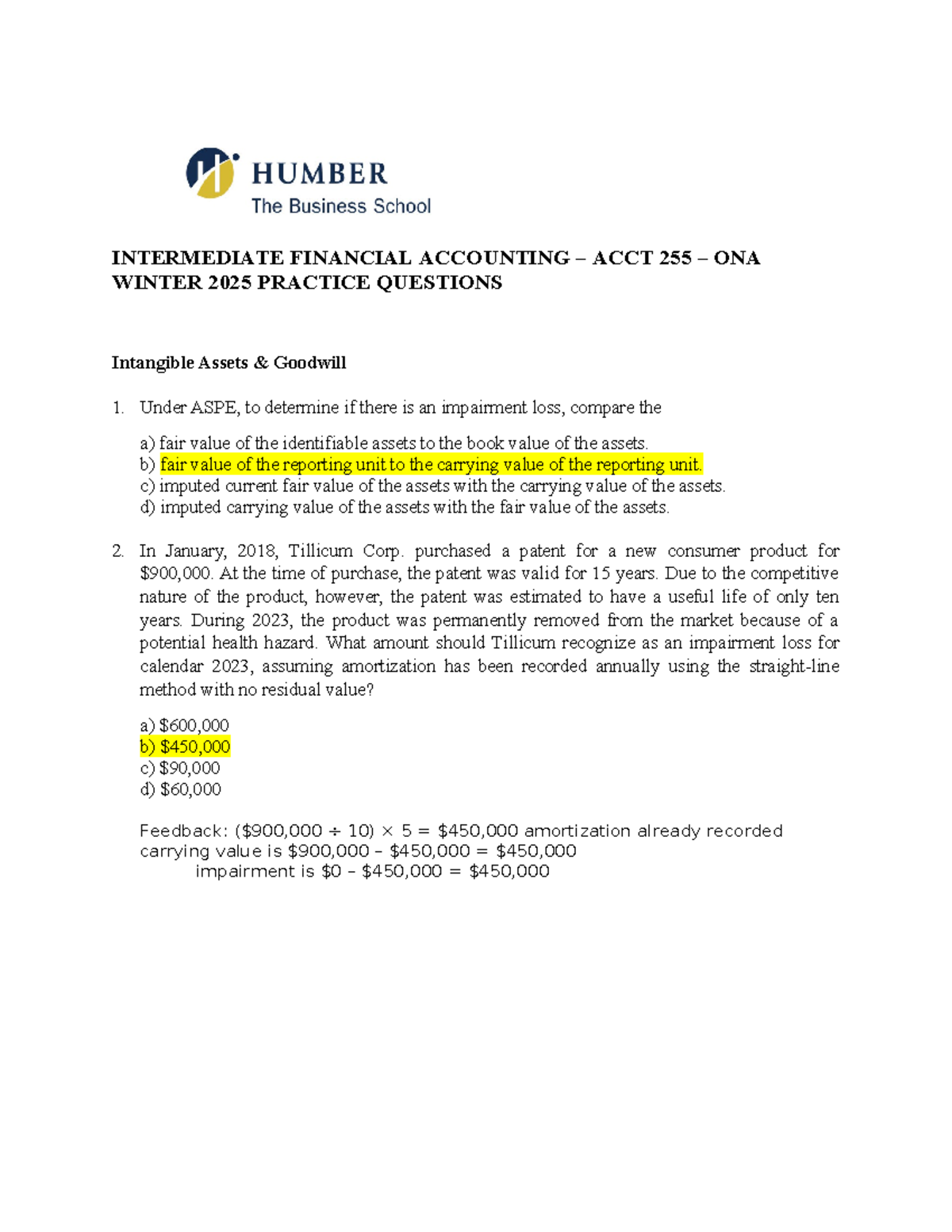 Intermediate Financial Accounting ACCT 255 ONA Winter 2025 Final Exam ...