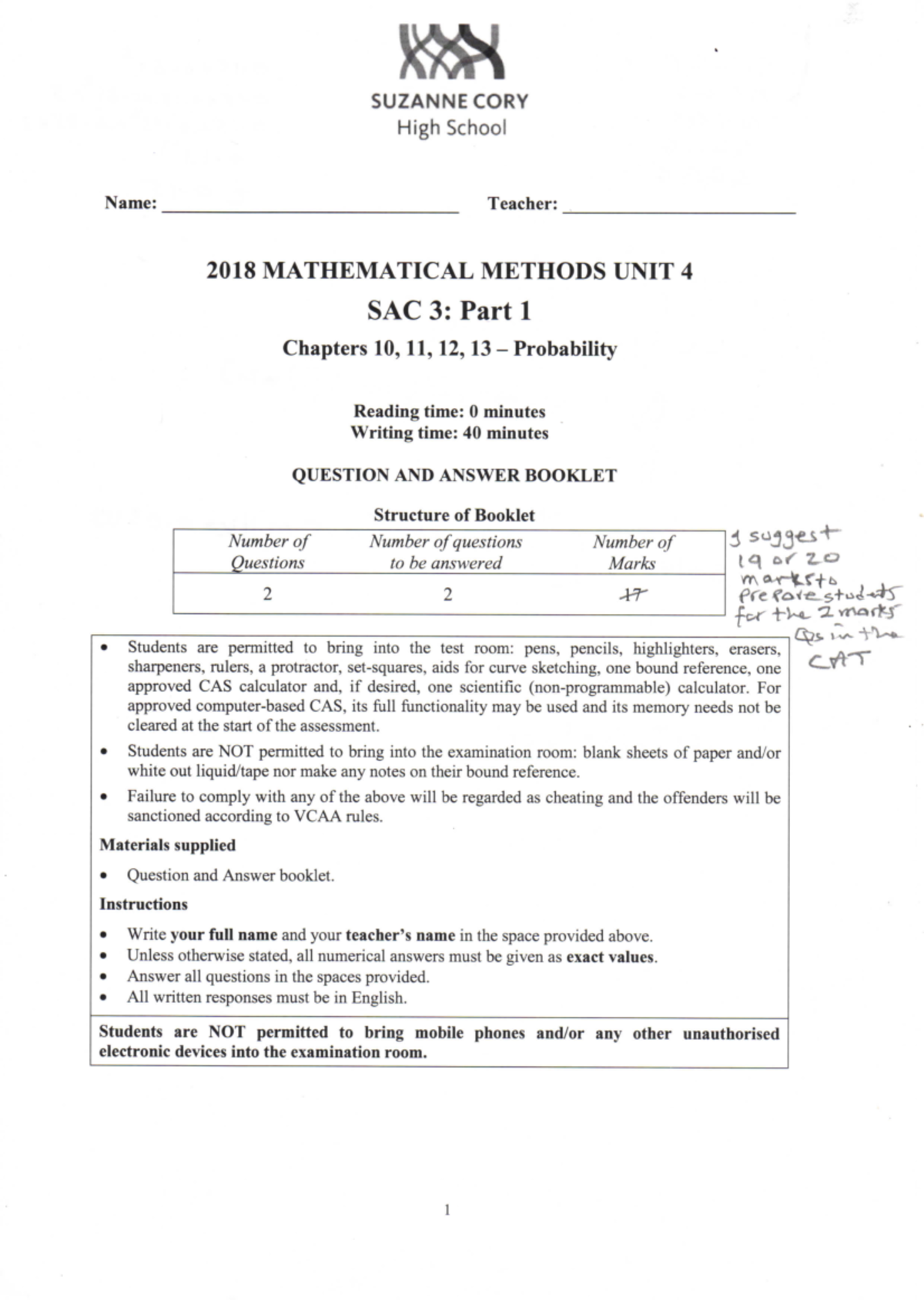 2018 MATHEMATICAL METHODS UNIT 4 SAC 3: Part 1 Solutions and Analysis ...
