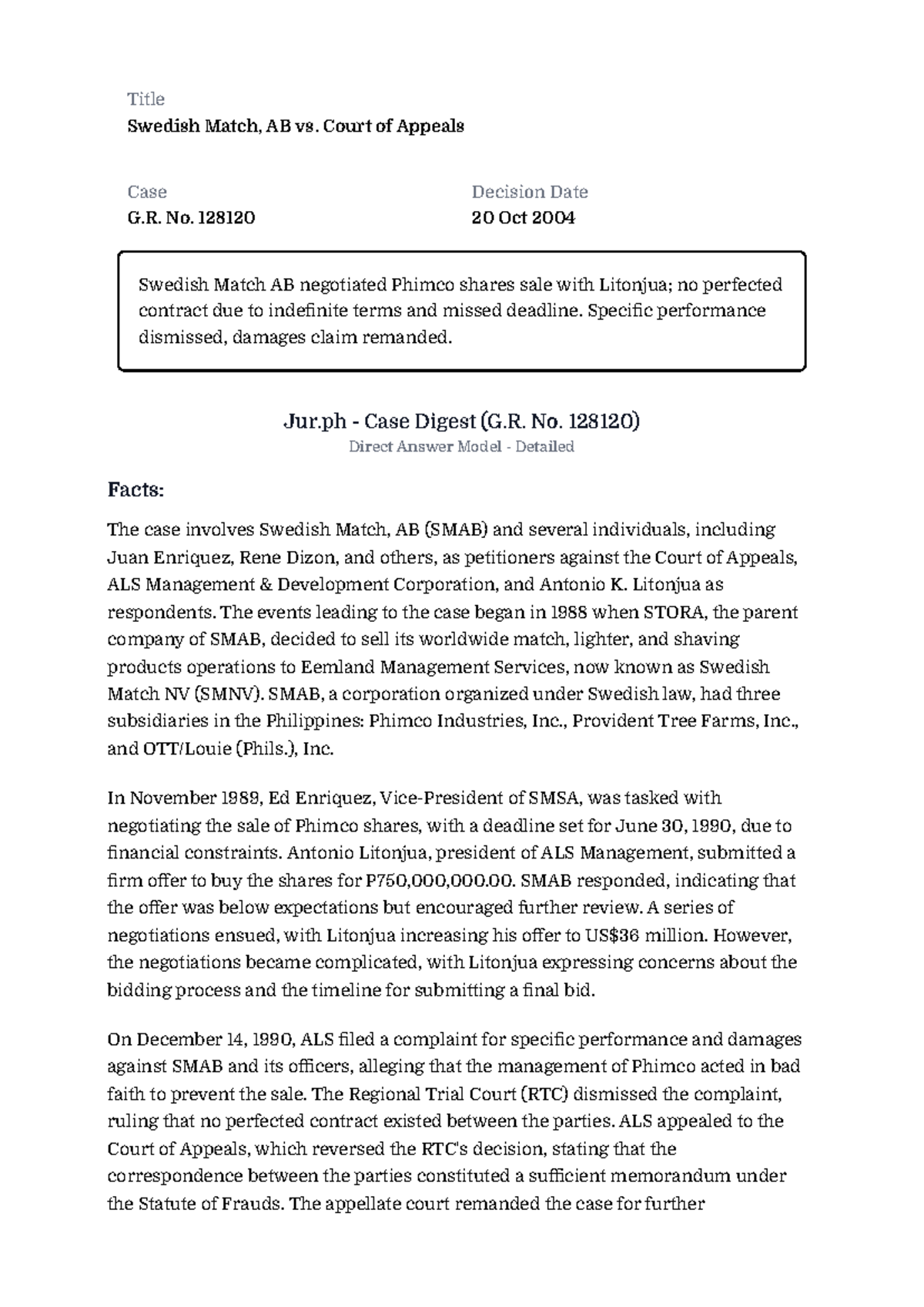 Swedish Match, AB vs. Court of Appeals: Case Digest G.R. No. 128120 ...